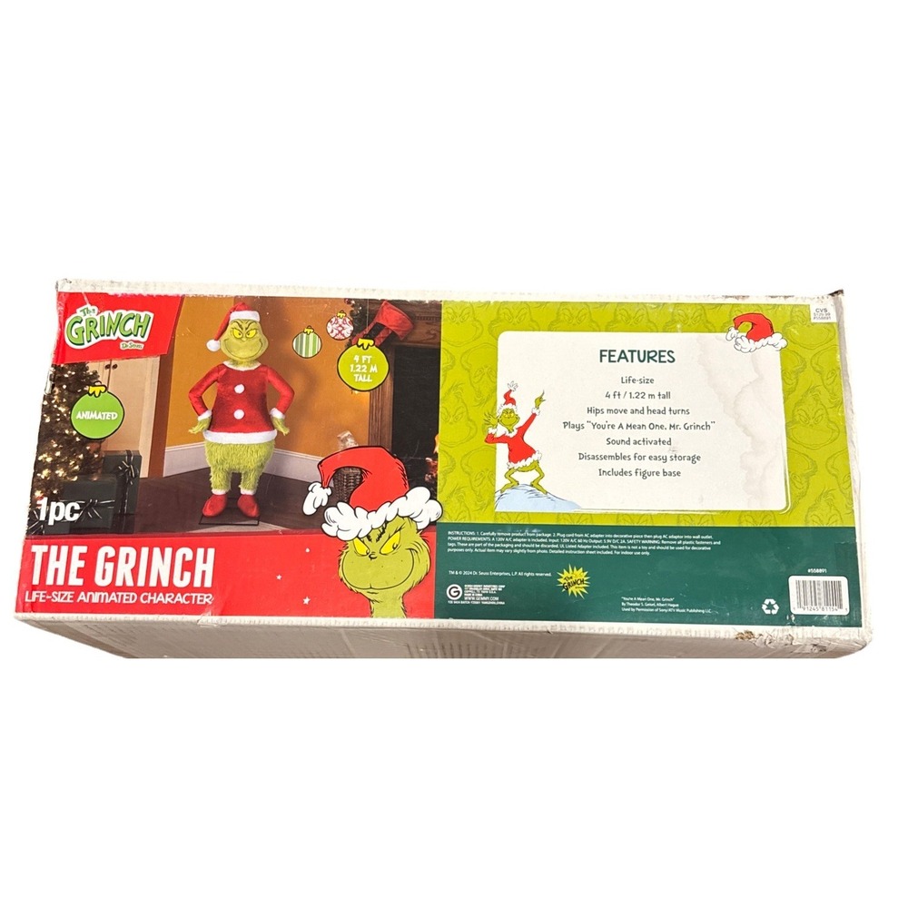 The Grinch 4 FT Life Size Animated Character Dances Sings Santa Suit Christmas
